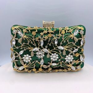 Purse/clutch/bag, deep emerald green, gold metal with crystals, hand or shoulder